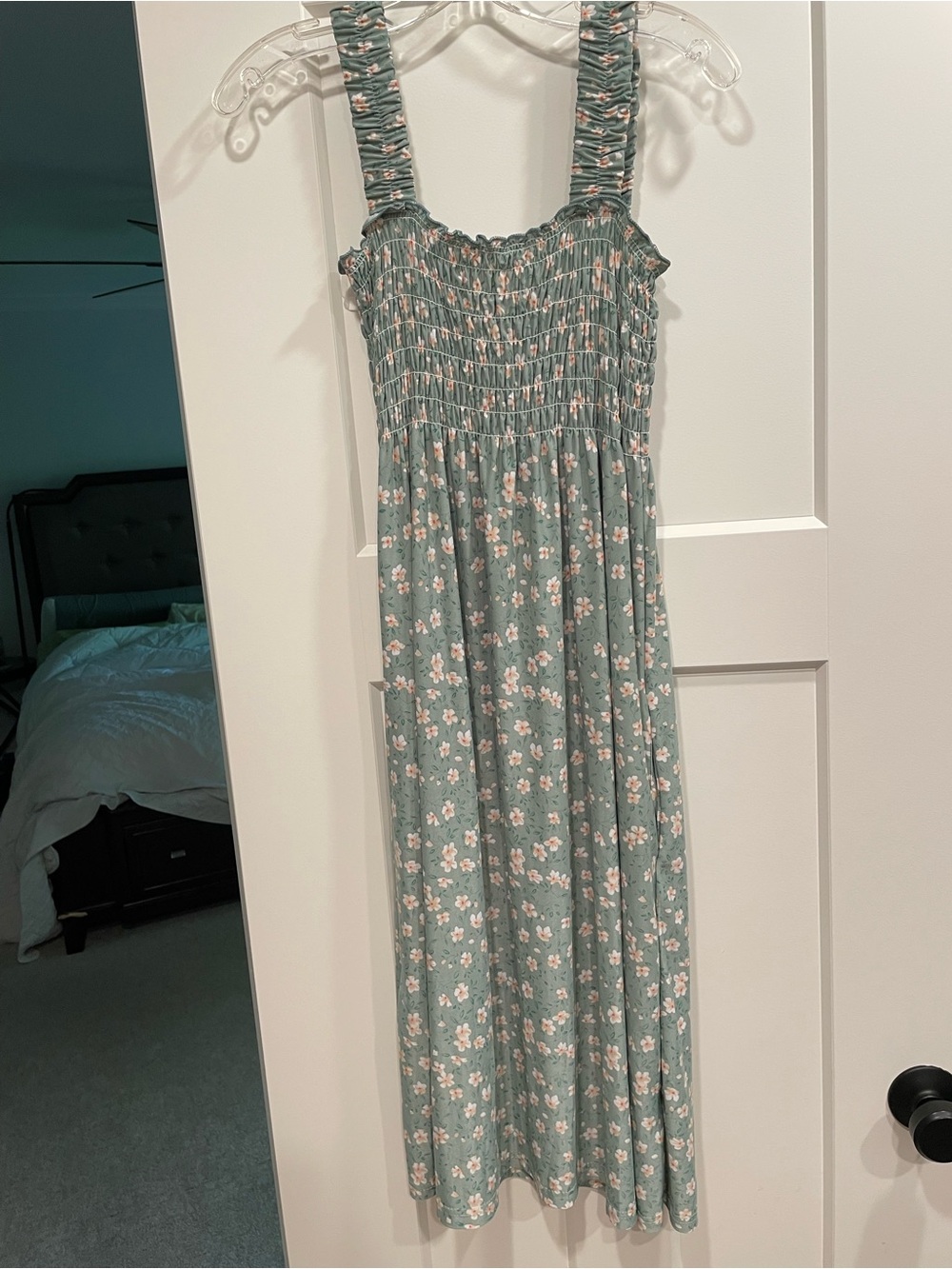 Smocked Floral Midi Dress in Dusty Sage Green